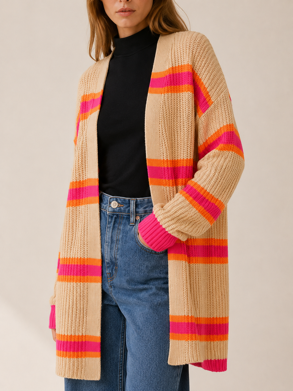 Claudine | Long Cardigan with Open Front and Striped Design
