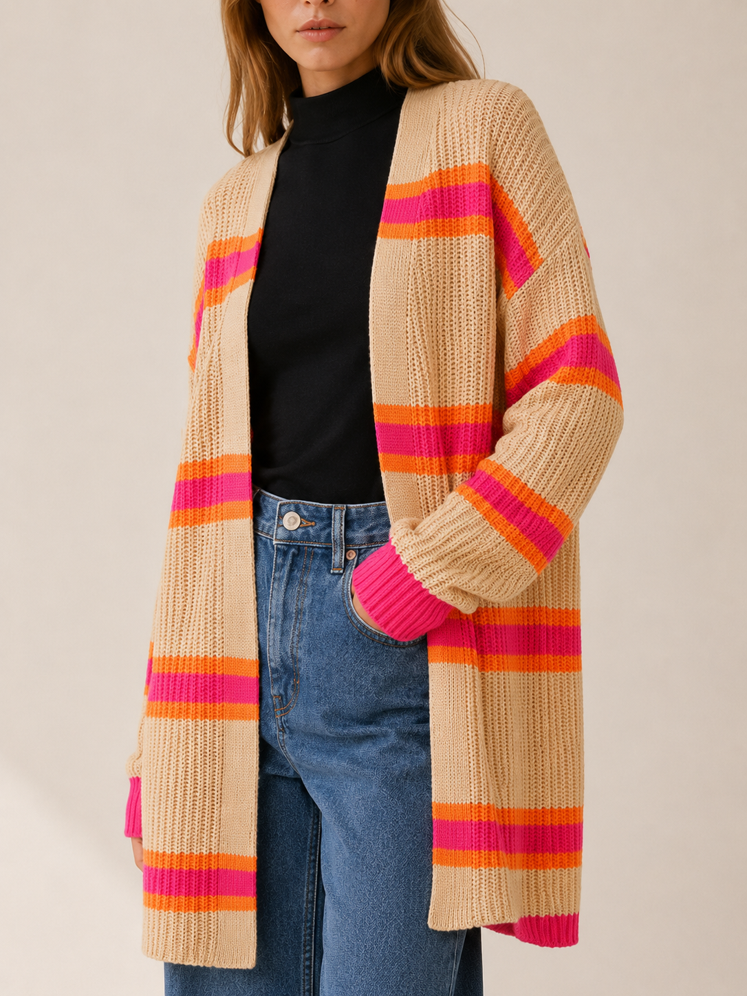 Claudine | Long Cardigan with Open Front and Striped Design