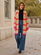Claudine | Long Cardigan with Open Front and Striped Design