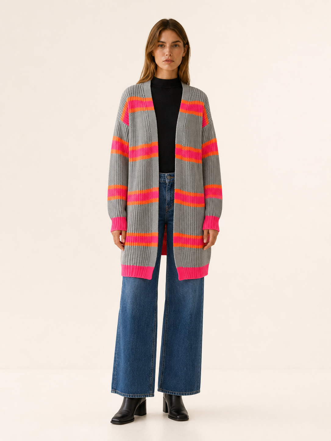 Claudine | Long Cardigan with Open Front and Striped Design
