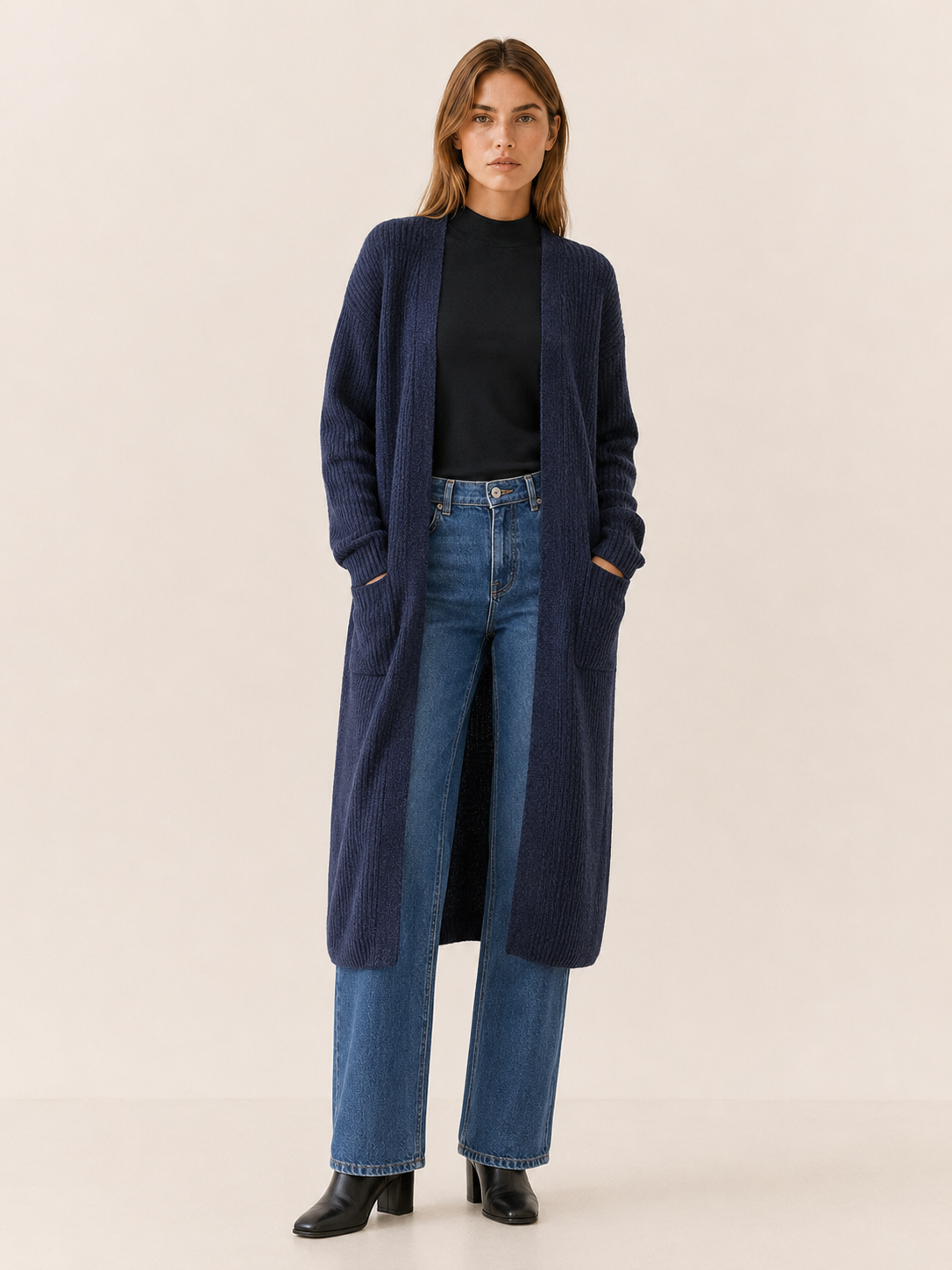 Delphine | Long Cardigan with Open Front and Pockets