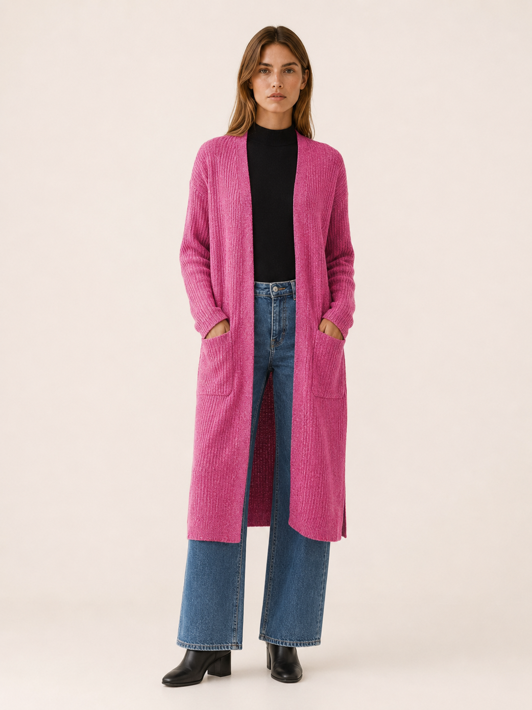 Delphine | Long Cardigan with Open Front and Pockets