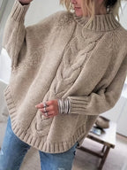 Petra | Women's Wool Cable Knit High Neck Sweater with Flared Hem