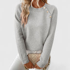 Vespera | Women's Crew Neck Sweater with Button Shoulder Detail