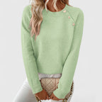 Vespera | Women's Crew Neck Sweater with Button Shoulder Detail