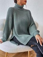 Rylani | Women's Chunky Waffle Knit Turtleneck Sweater with Side Slits
