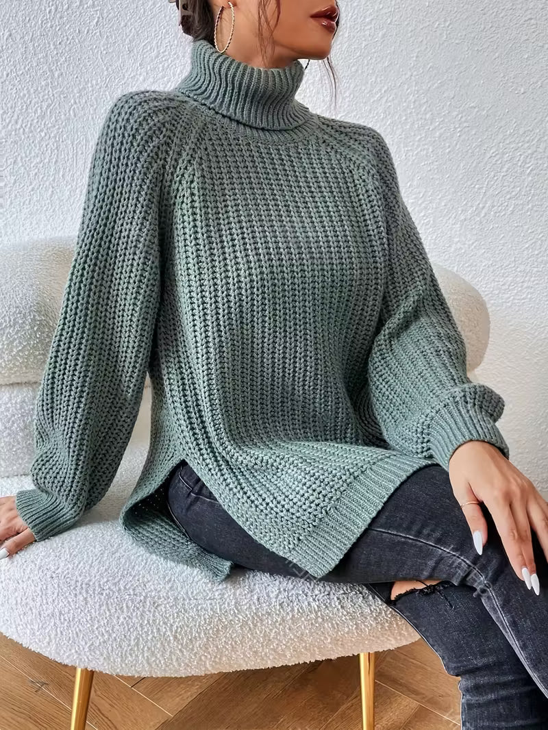 Rylani | Women's Chunky Waffle Knit Turtleneck Sweater with Side Slits