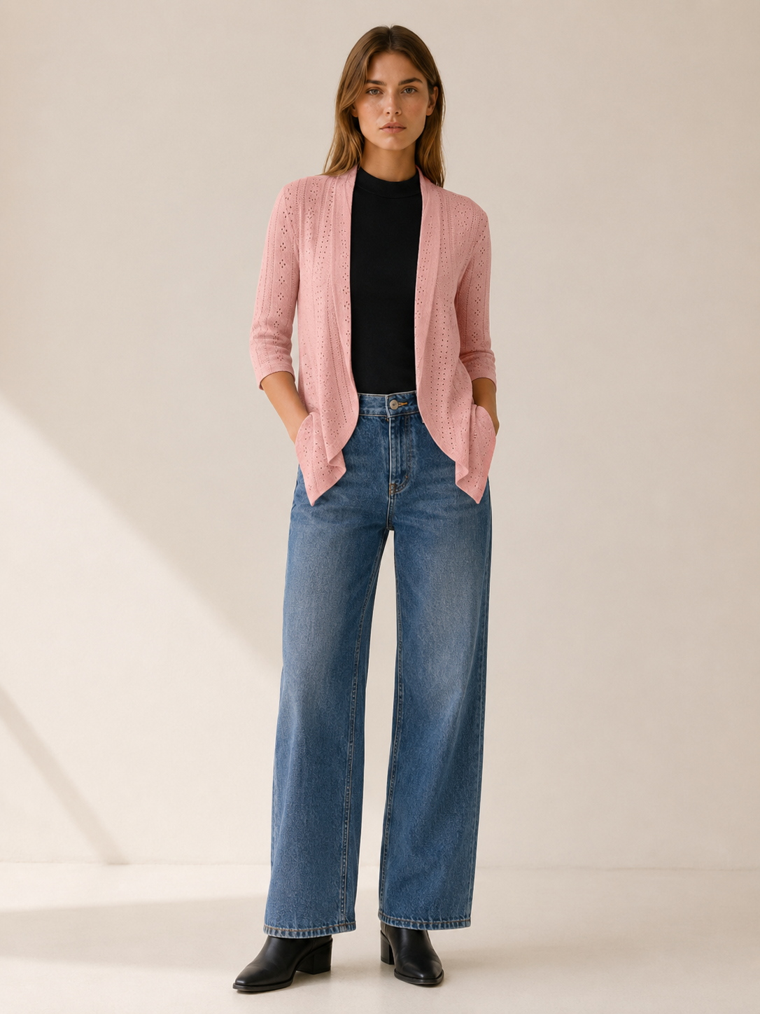 Eira | Open Front Cardigan with Eyelet Detail