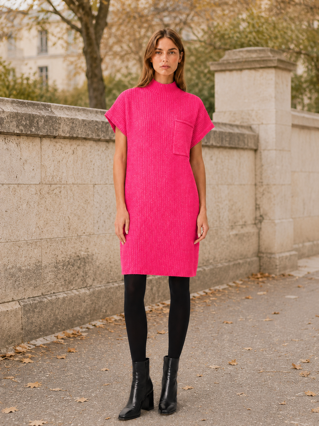 Elarwyn | Sweater Dress with Short Sleeves and High Neck