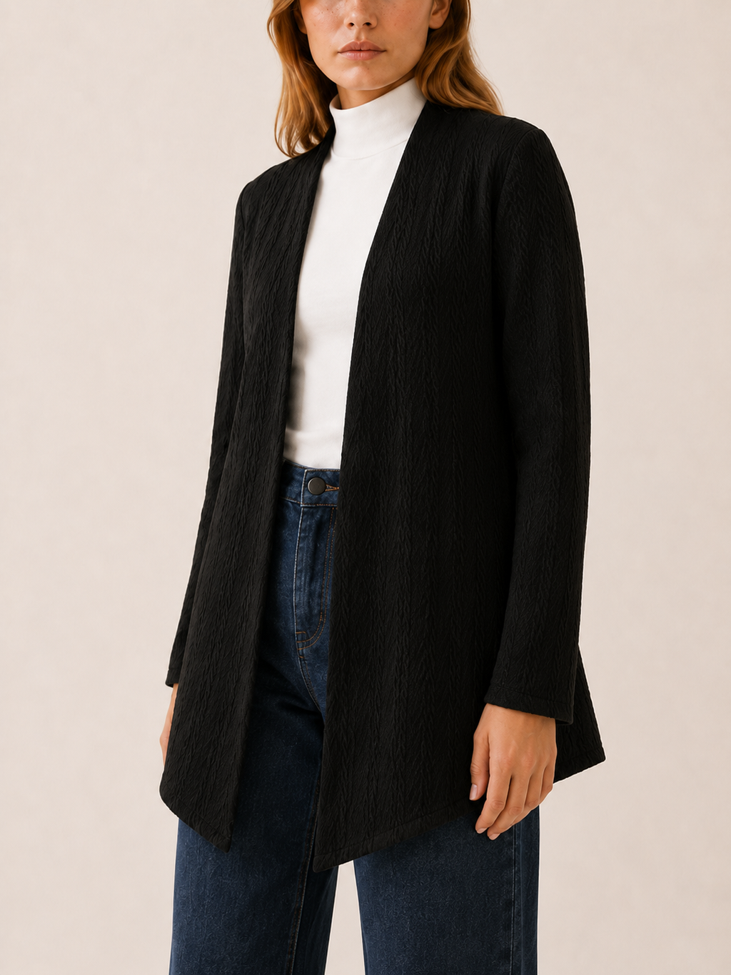 Elowen | Long Cardigan with Open Front and Draped Hem