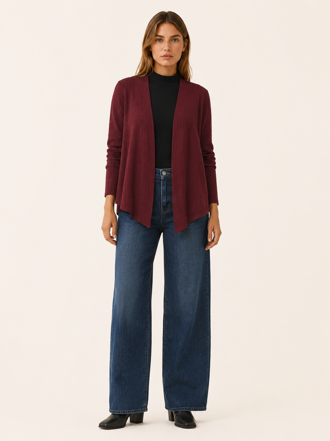 Elowen | Long Cardigan with Open Front and Draped Hem