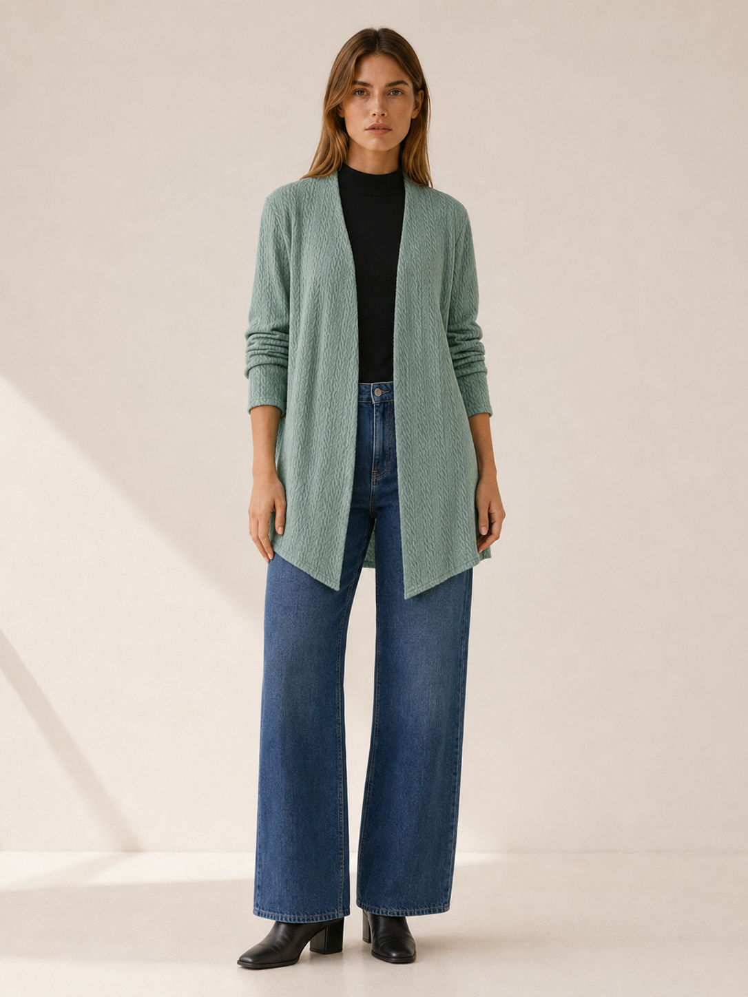 Elowen | Long Cardigan with Open Front and Draped Hem
