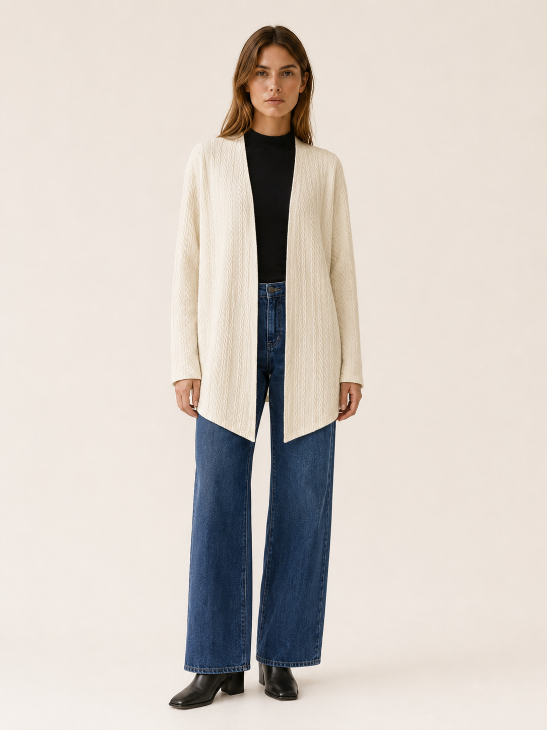 Elowen | Long Cardigan with Open Front and Draped Hem