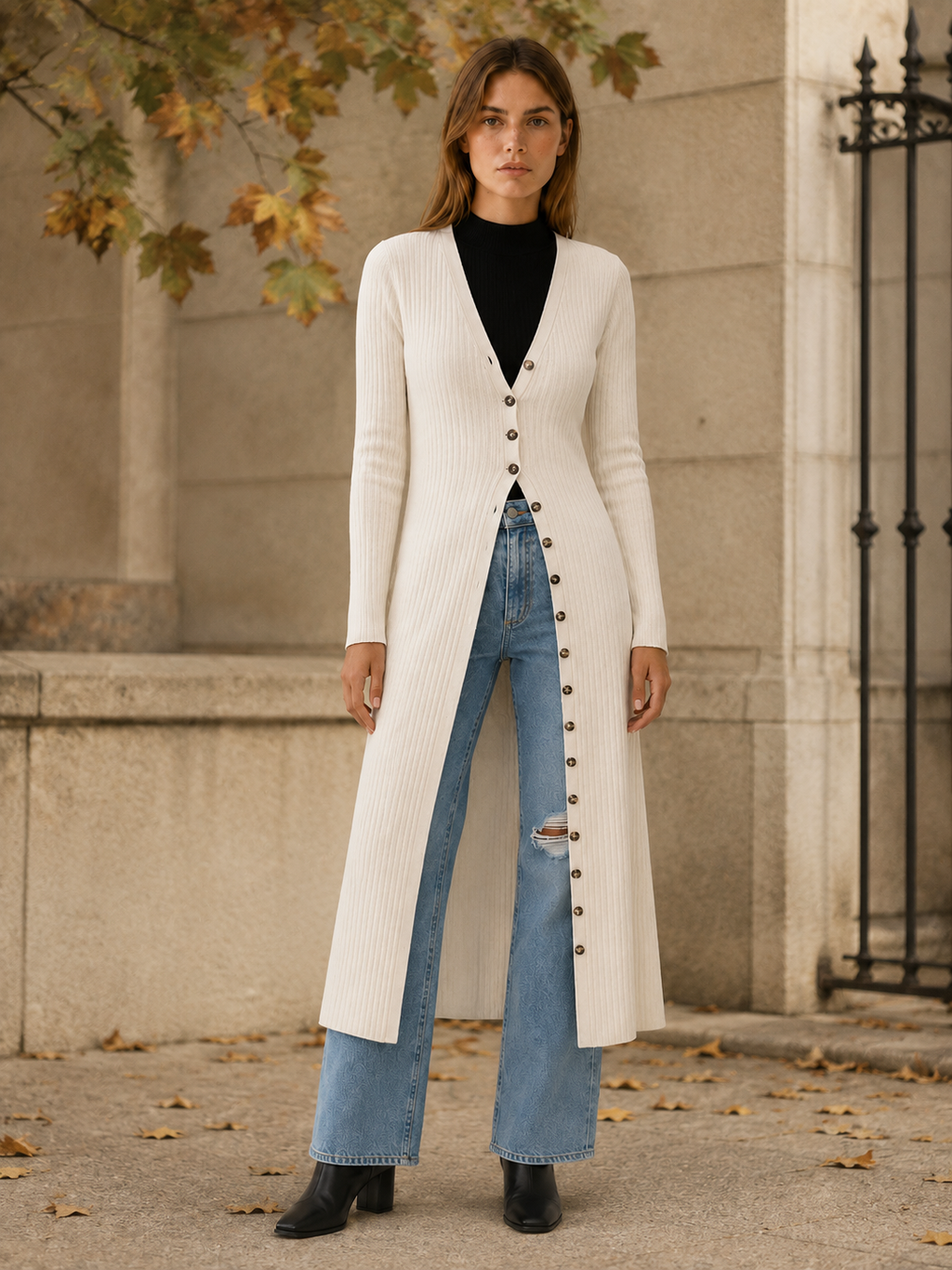 Eupraxia | Long Cardigan with V-Neck and Button Front
