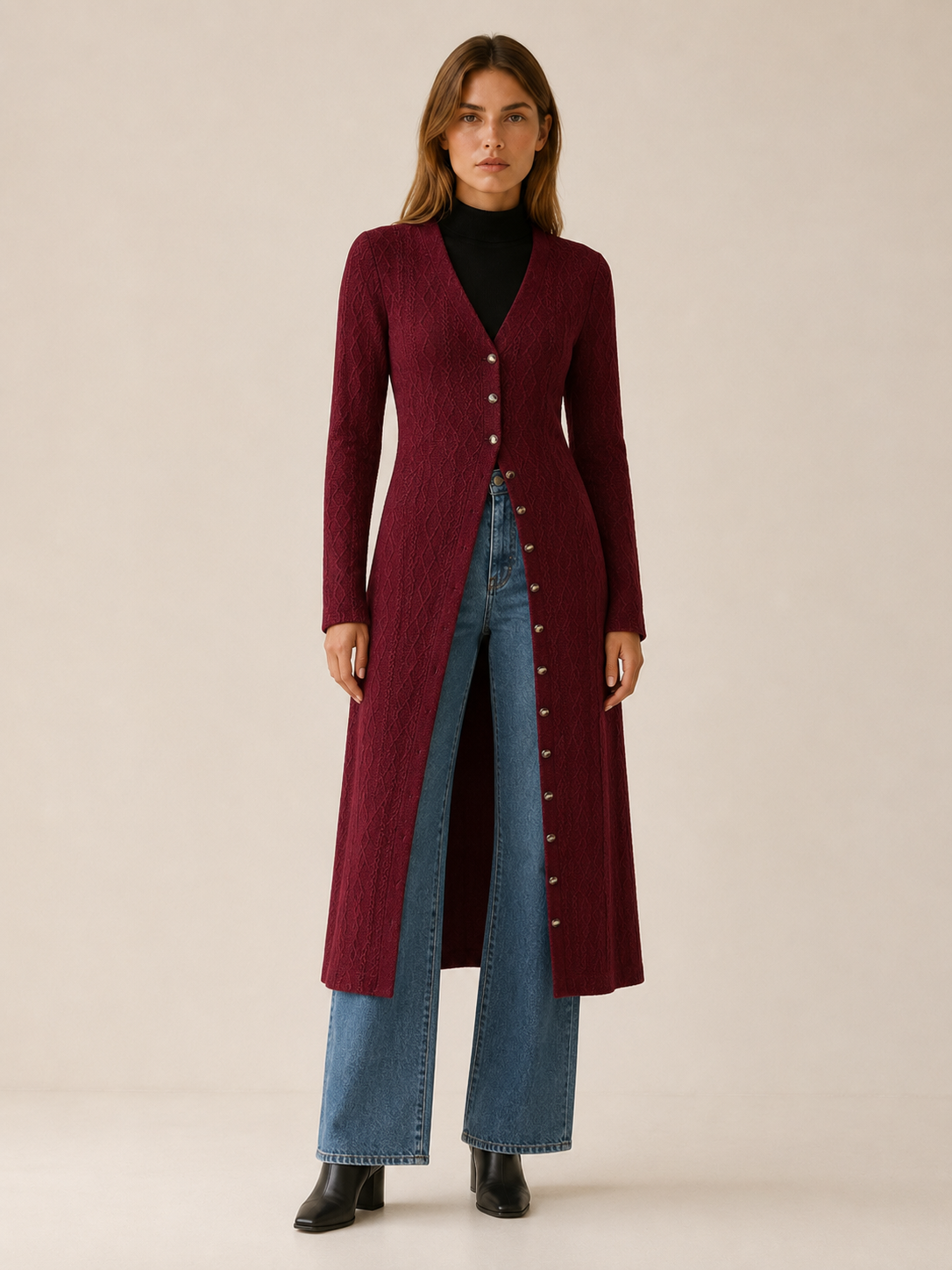 Eupraxia | Long Cardigan with V-Neck and Button Front