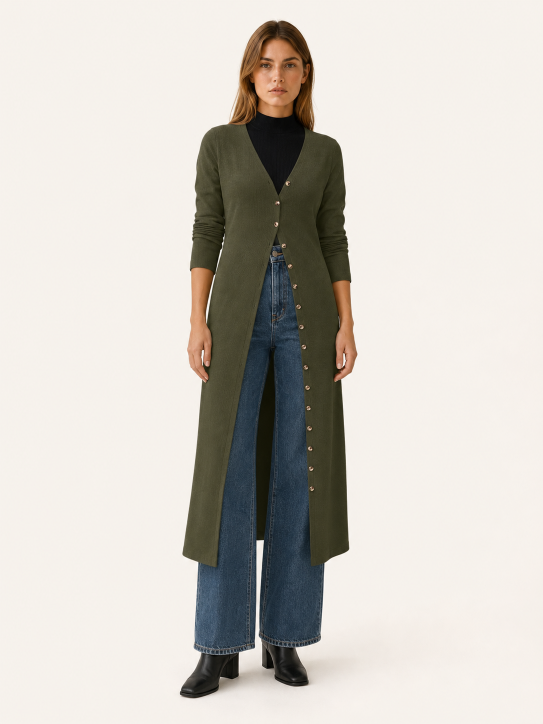 Eupraxia | Long Cardigan with V-Neck and Button Front