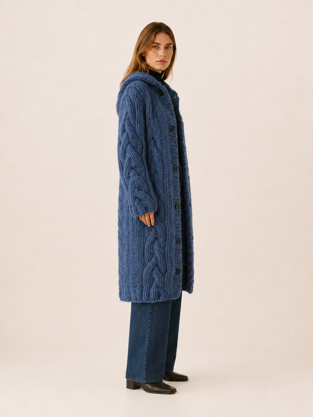 Fervienne | Long Cardigan Sweater with Hood and Button Front