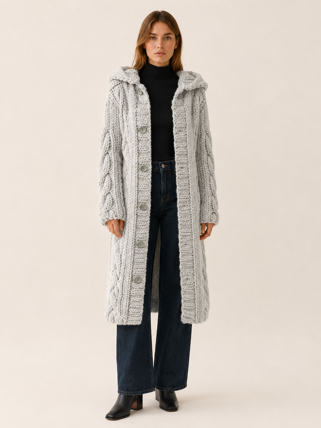 Fervienne | Long Cardigan Sweater with Hood and Button Front