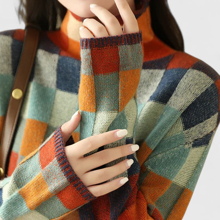 Emersyneh | Women's Elegant Checkered Mock Neck Sweater