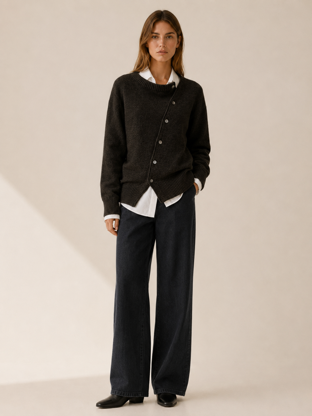 Kendra | Asymmetric Cardigan with Button Front and Draped Hem