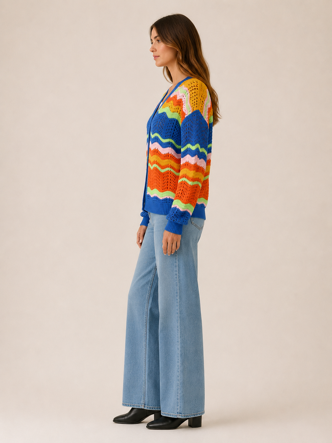 Leontine | Long Cardigan with Open Front and Striped Detail