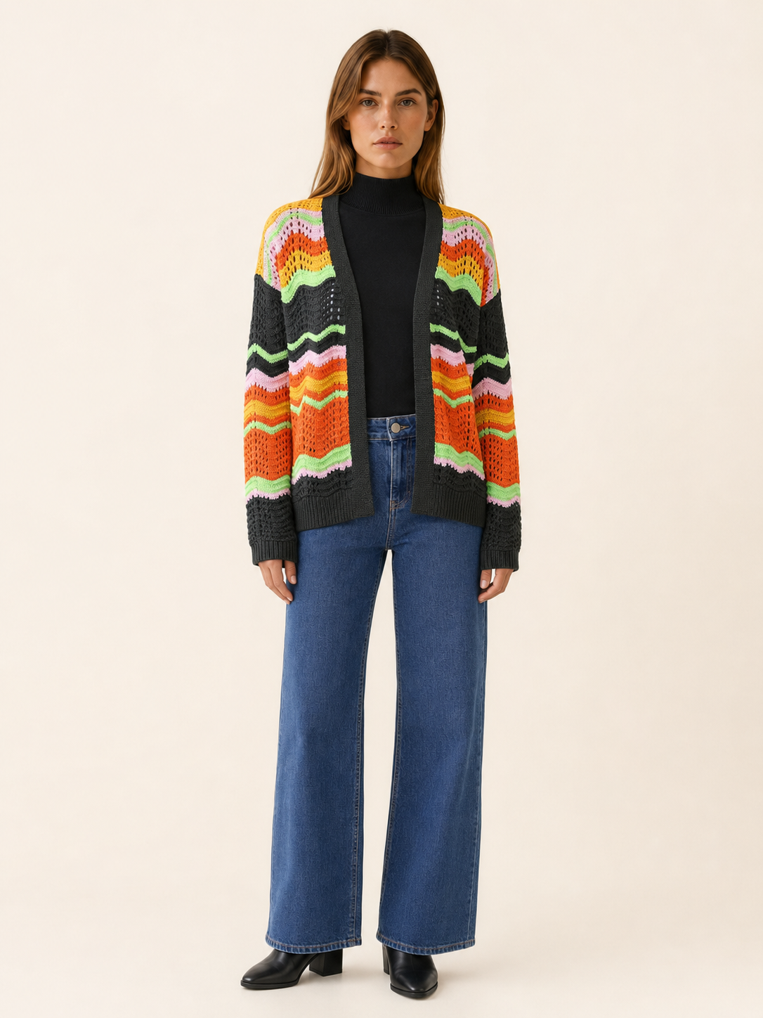 Leontine | Long Cardigan with Open Front and Striped Detail