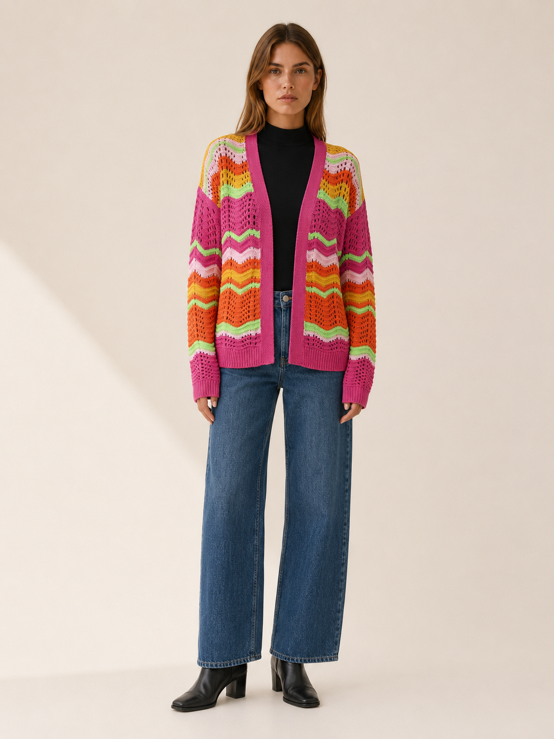 Leontine | Long Cardigan with Open Front and Striped Detail