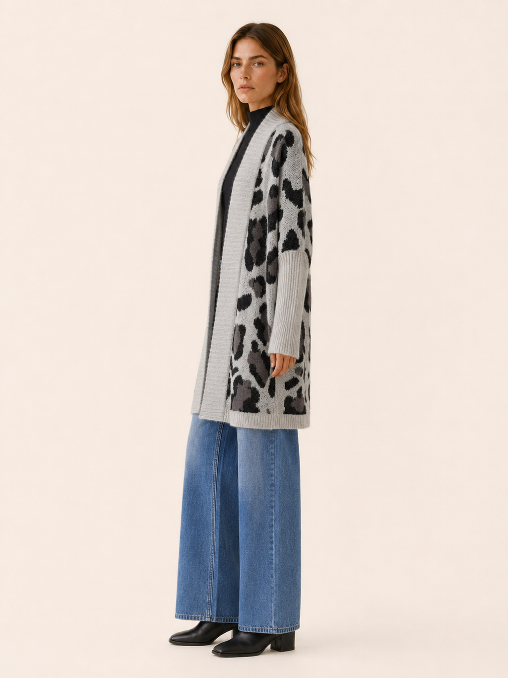 Lisette | Long Cardigan with Leopard Print and Open Front