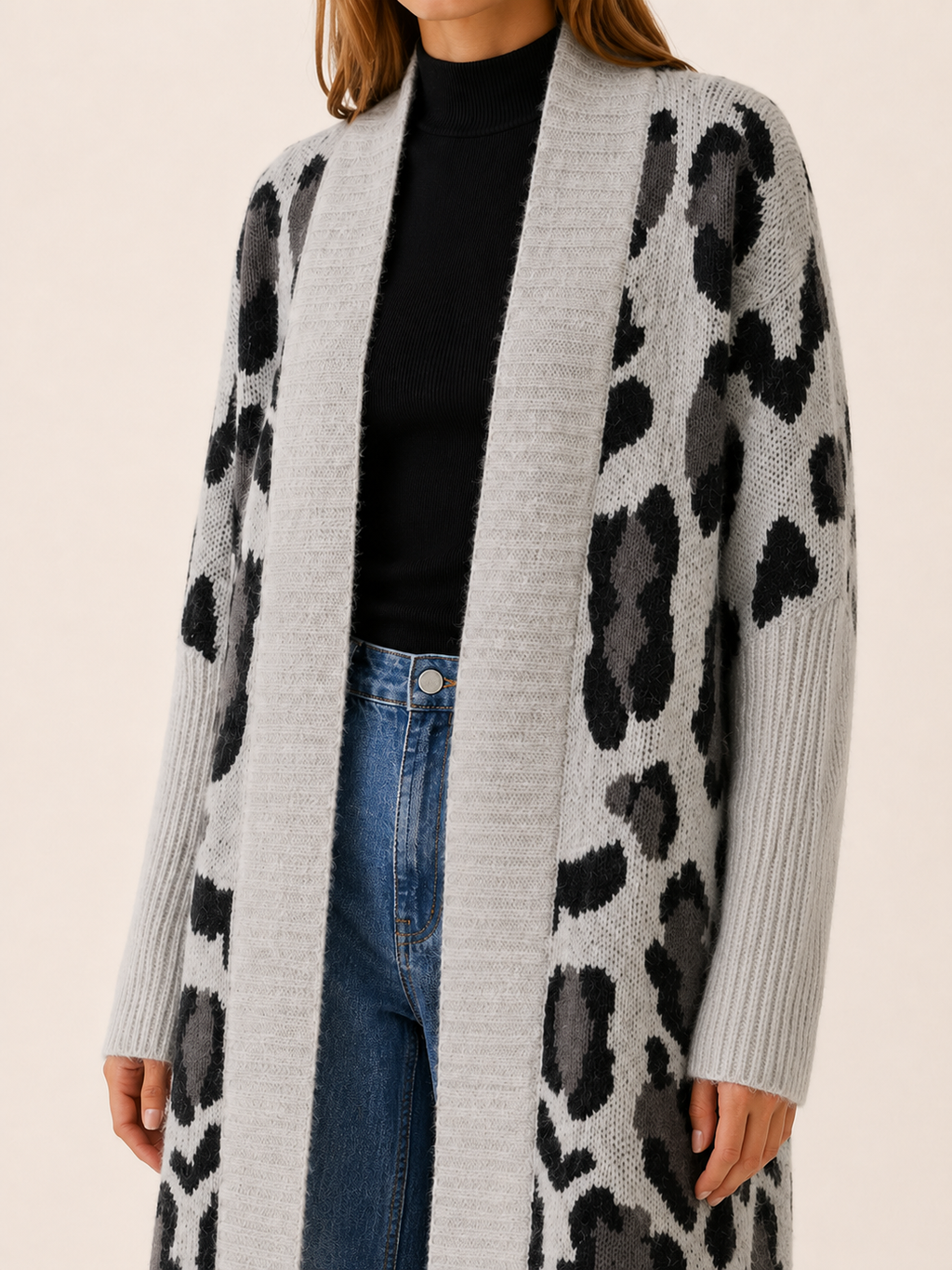 Lisette | Long Cardigan with Leopard Print and Open Front