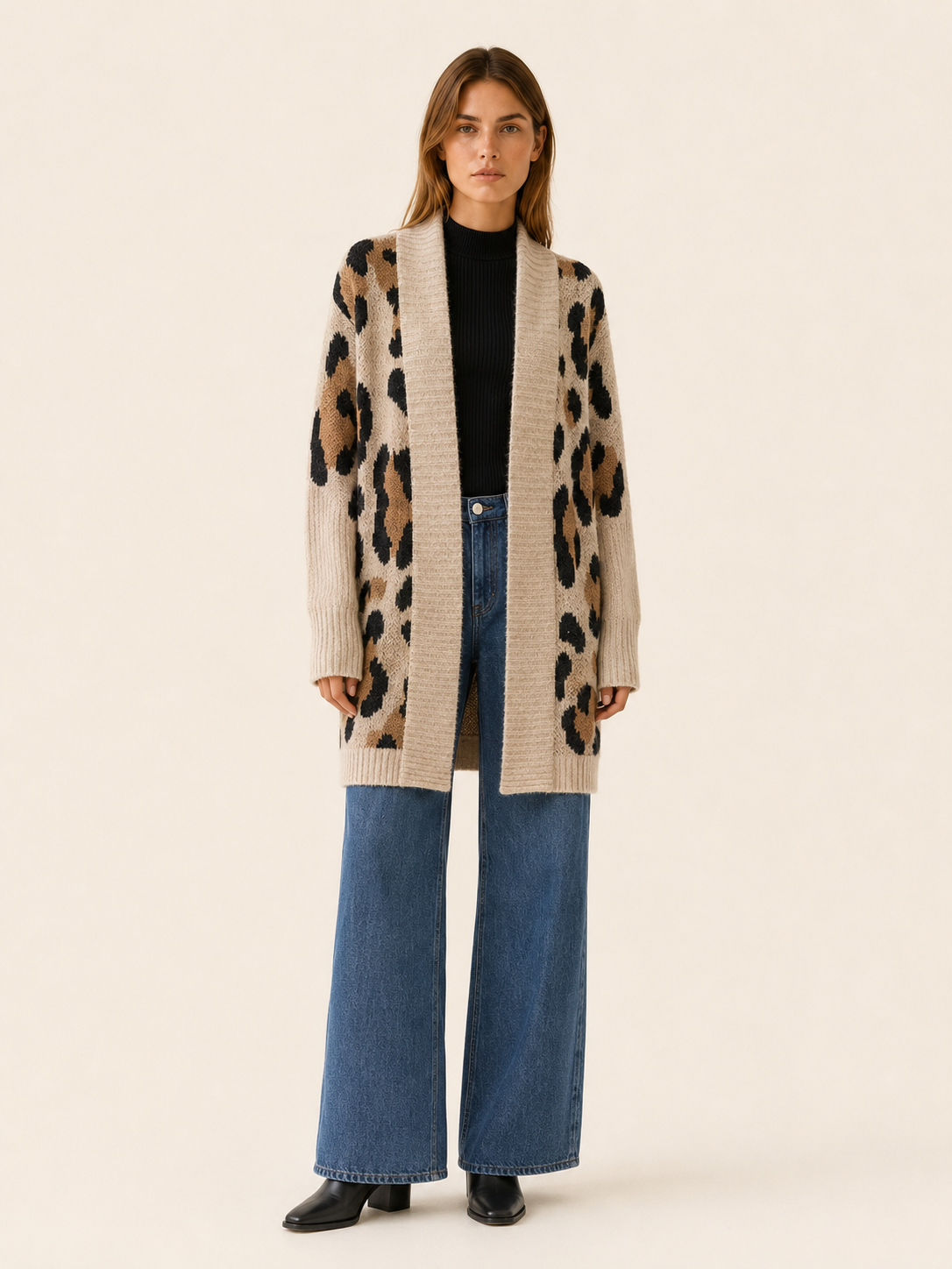 Lisette | Long Cardigan with Leopard Print and Open Front