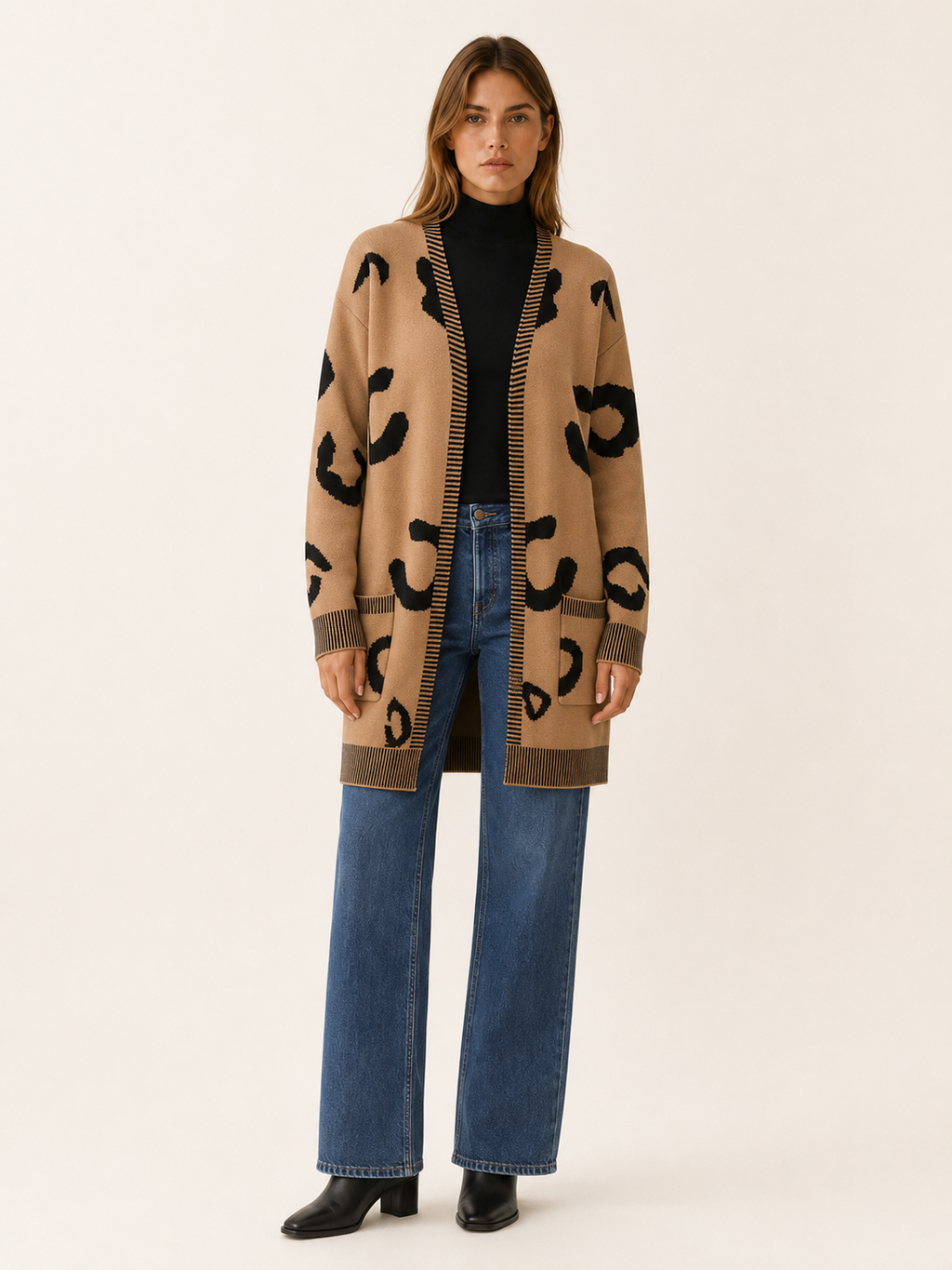 Lunara | Long Cardigan with Leopard Print and Front Pockets