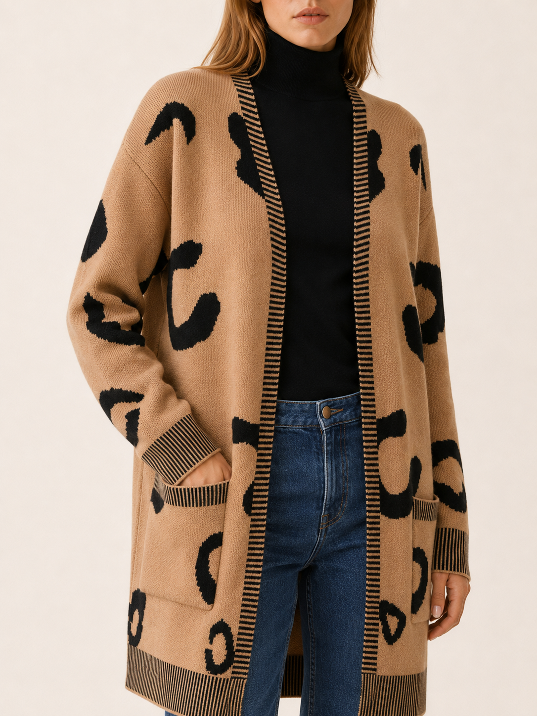 Lunara | Long Cardigan with Leopard Print and Front Pockets