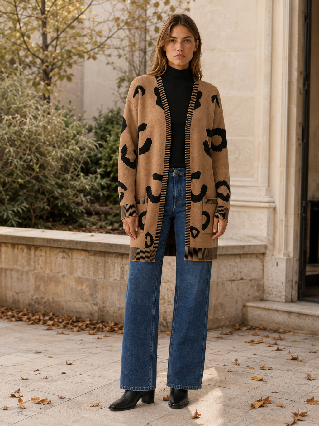Lunara | Long Cardigan with Leopard Print and Front Pockets