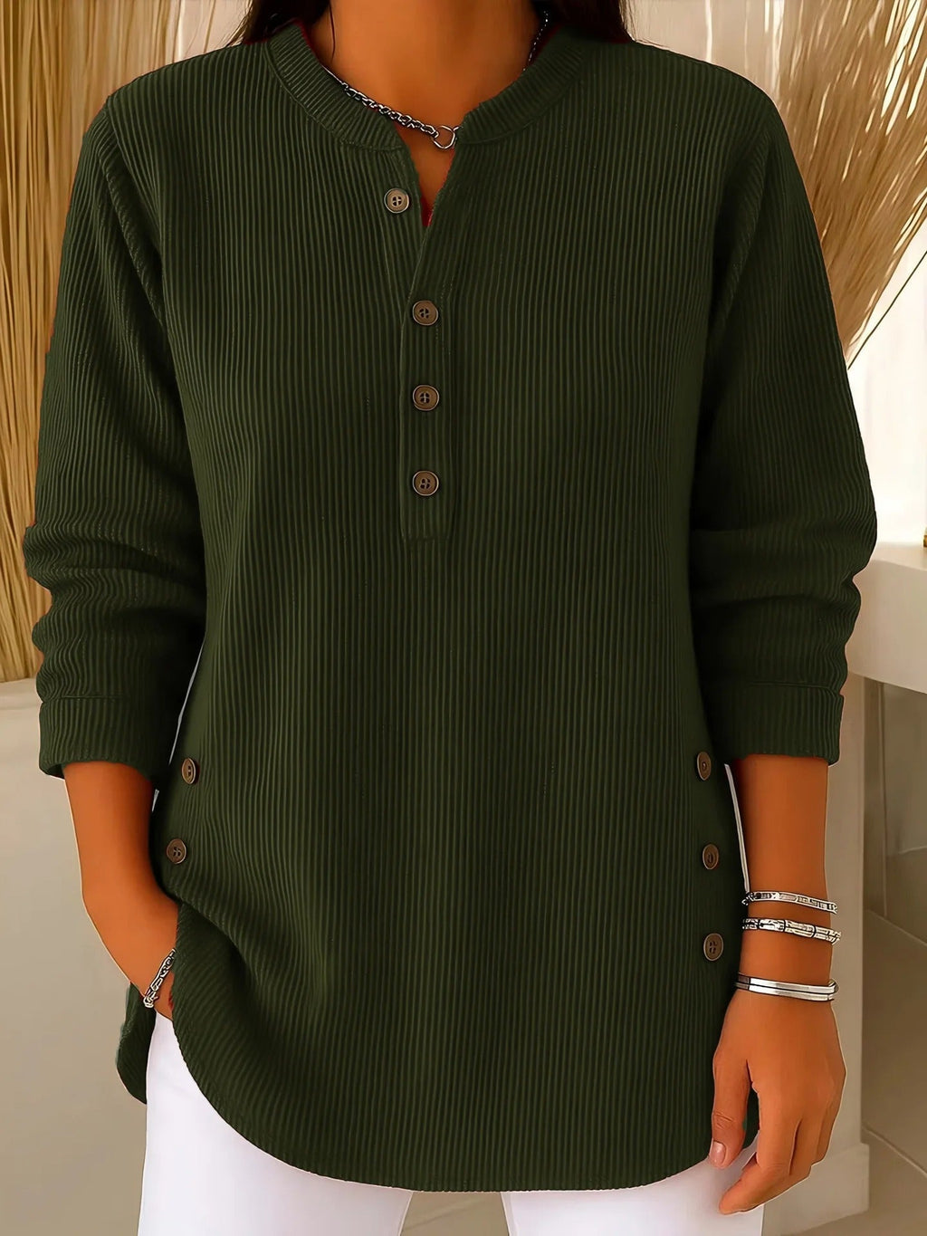 Nysha | Women's Ribbed Knit Henley Tunic Sweater with Button Side Slits