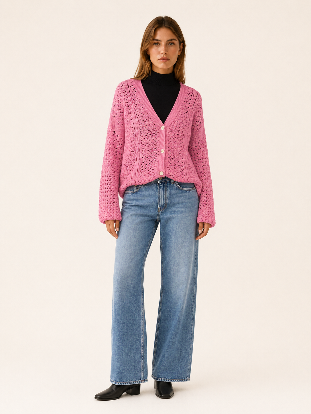 Maribel | V-Neck Cardigan with Button Front and Openwork Detail