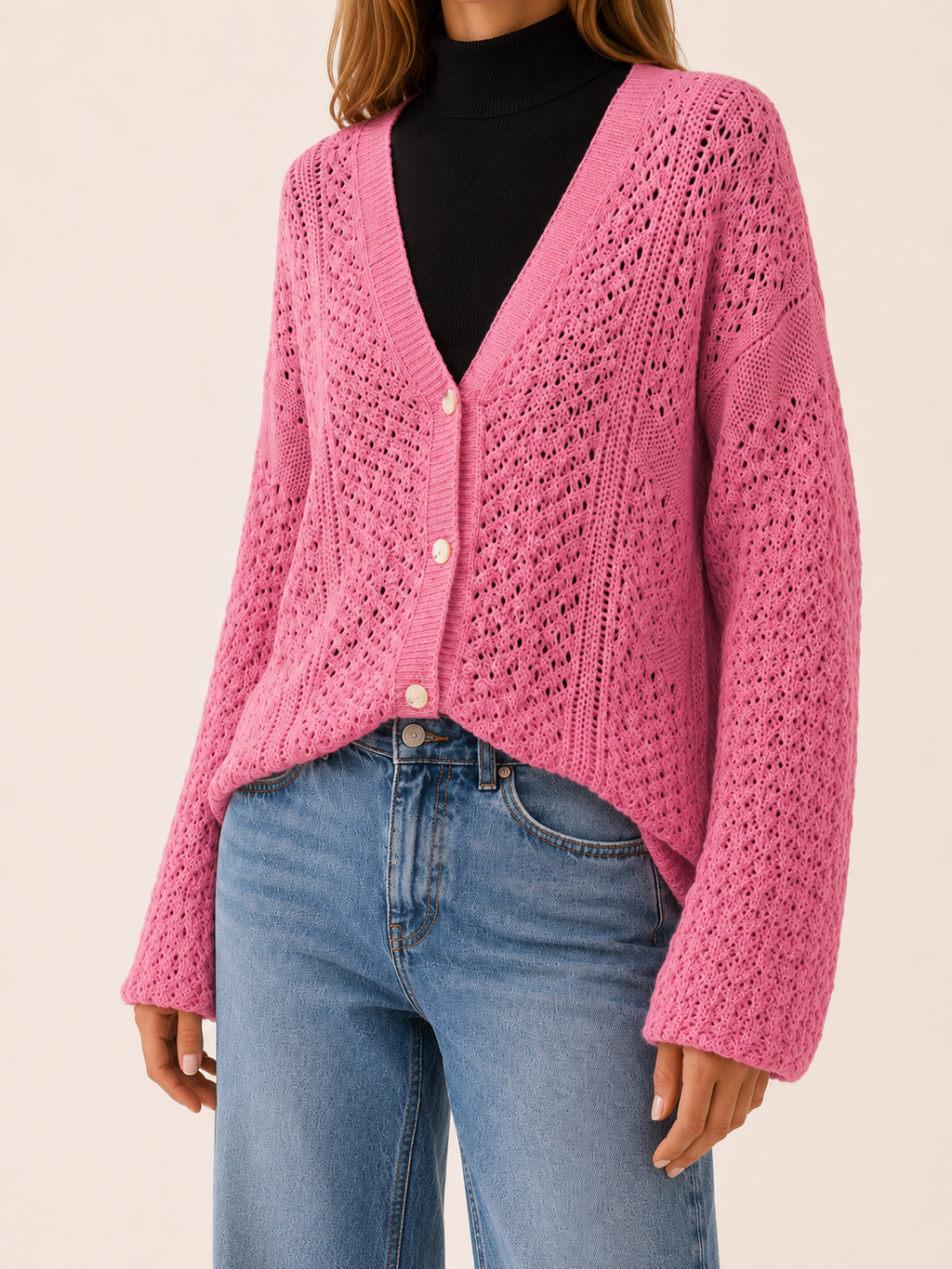 Maribel | V-Neck Cardigan with Button Front and Openwork Detail
