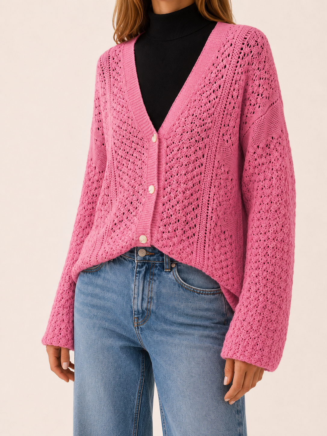 Maribel | V-Neck Cardigan with Button Front and Openwork Detail