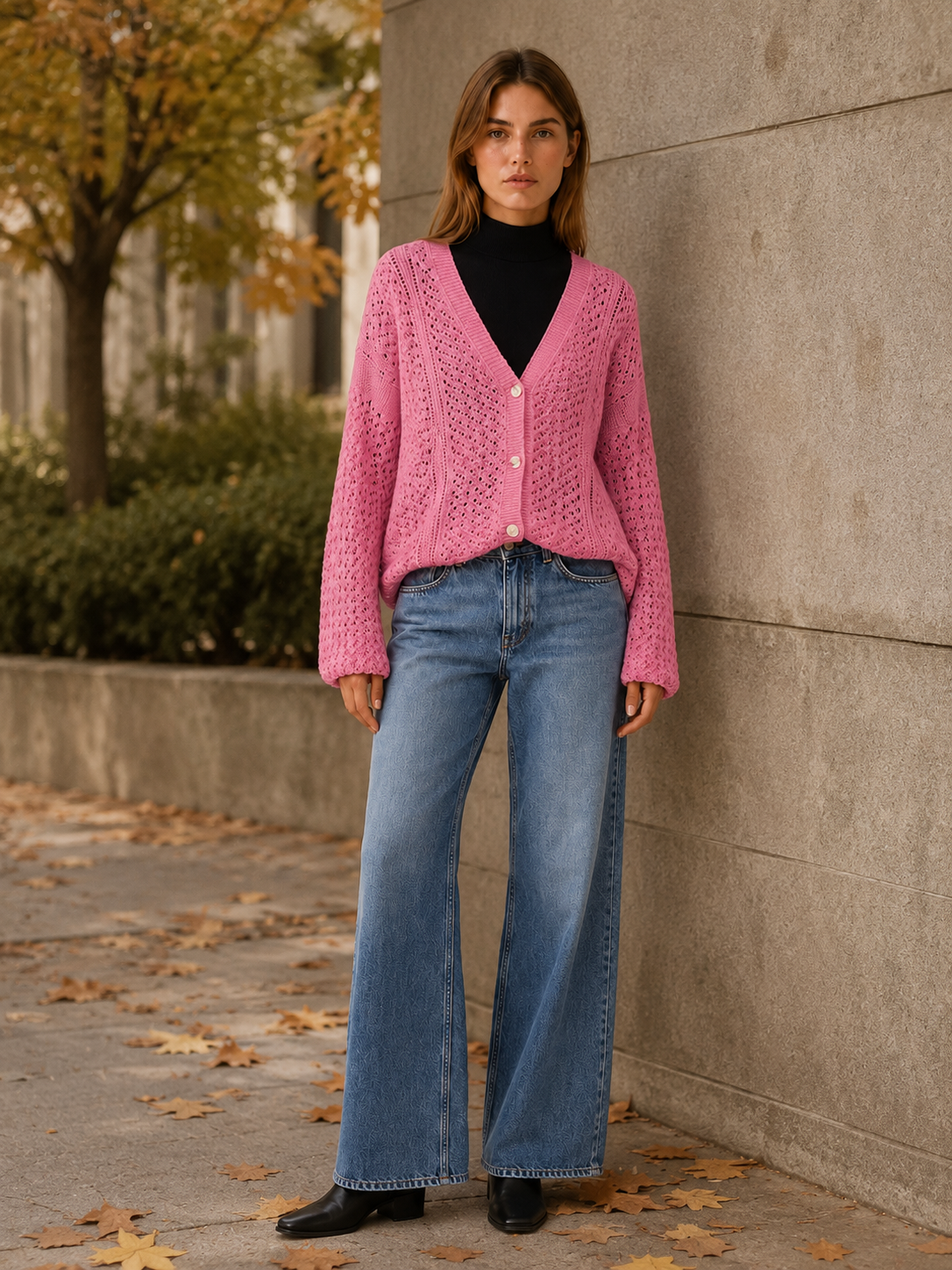 Maribel | V-Neck Cardigan with Button Front and Openwork Detail
