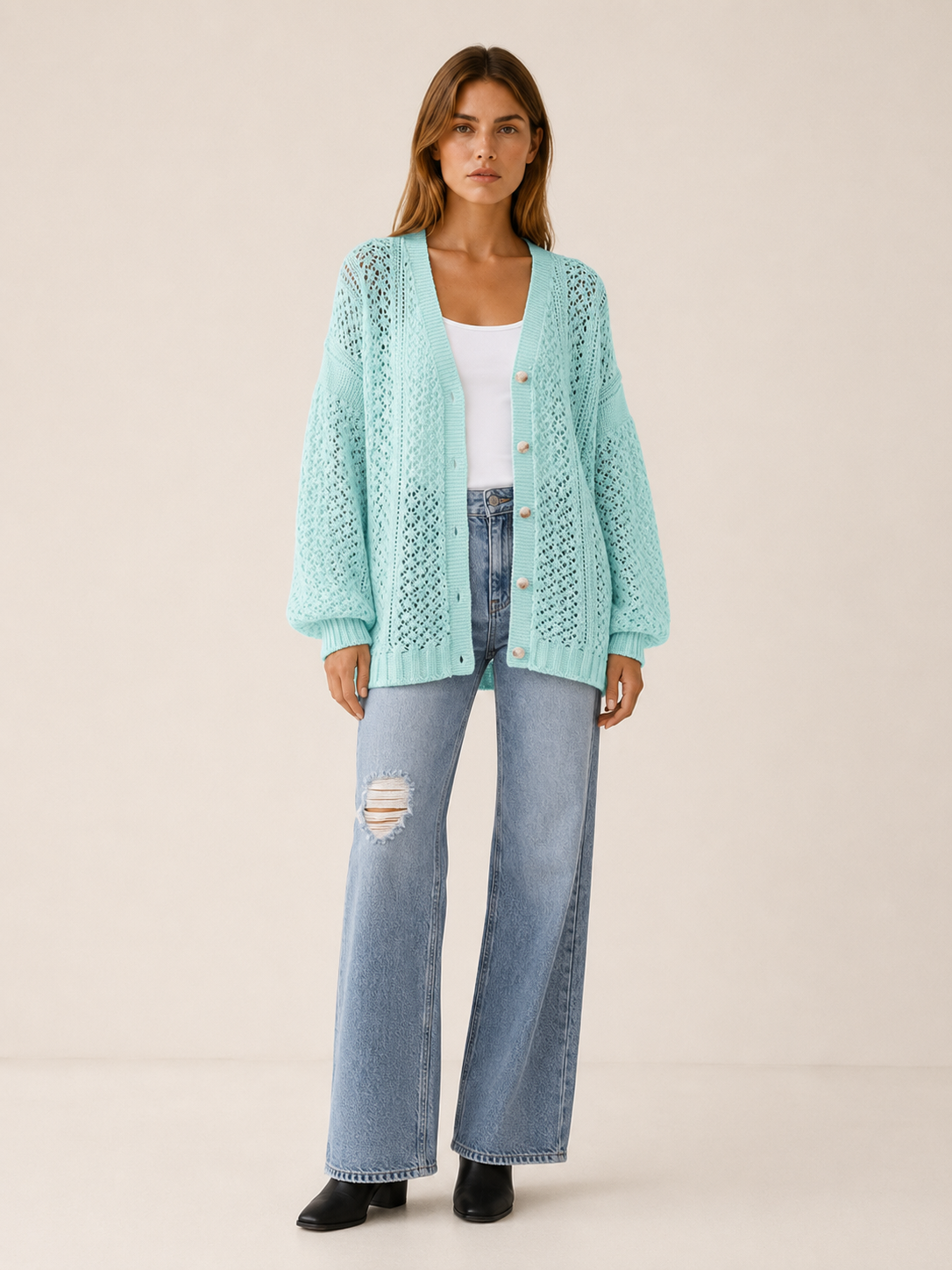 Maribel | V-Neck Cardigan with Button Front and Openwork Detail