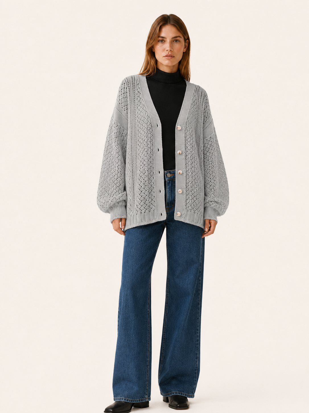 Maribel | V-Neck Cardigan with Button Front and Openwork Detail