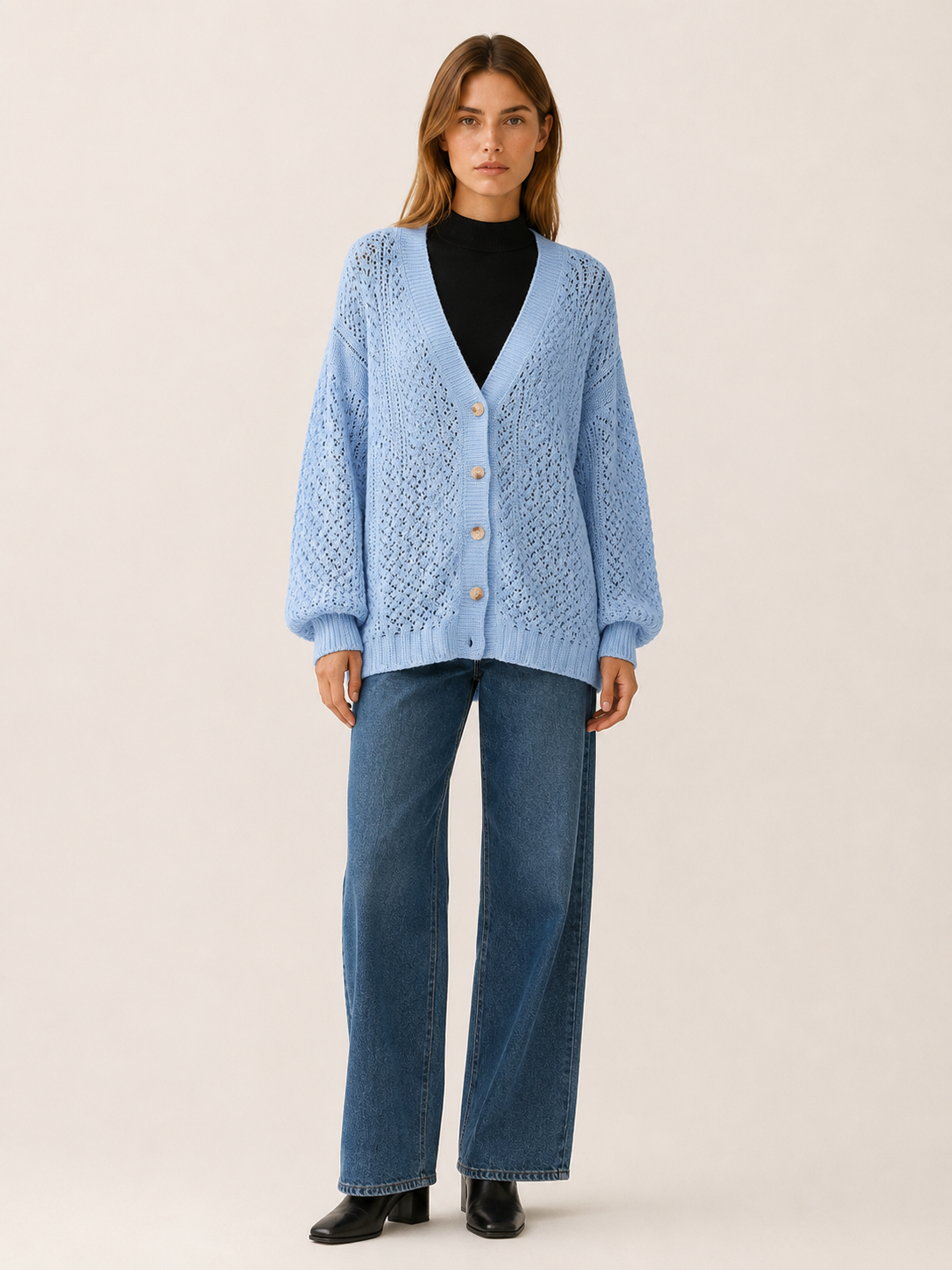 Maribel | V-Neck Cardigan with Button Front and Openwork Detail