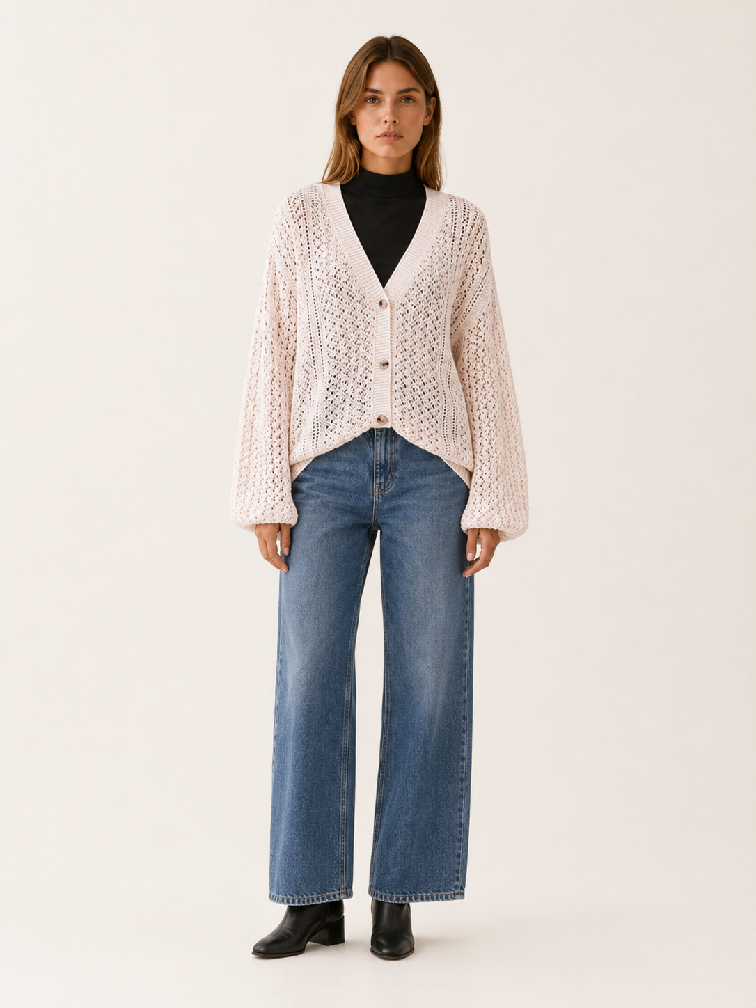 Maribel | V-Neck Cardigan with Button Front and Openwork Detail