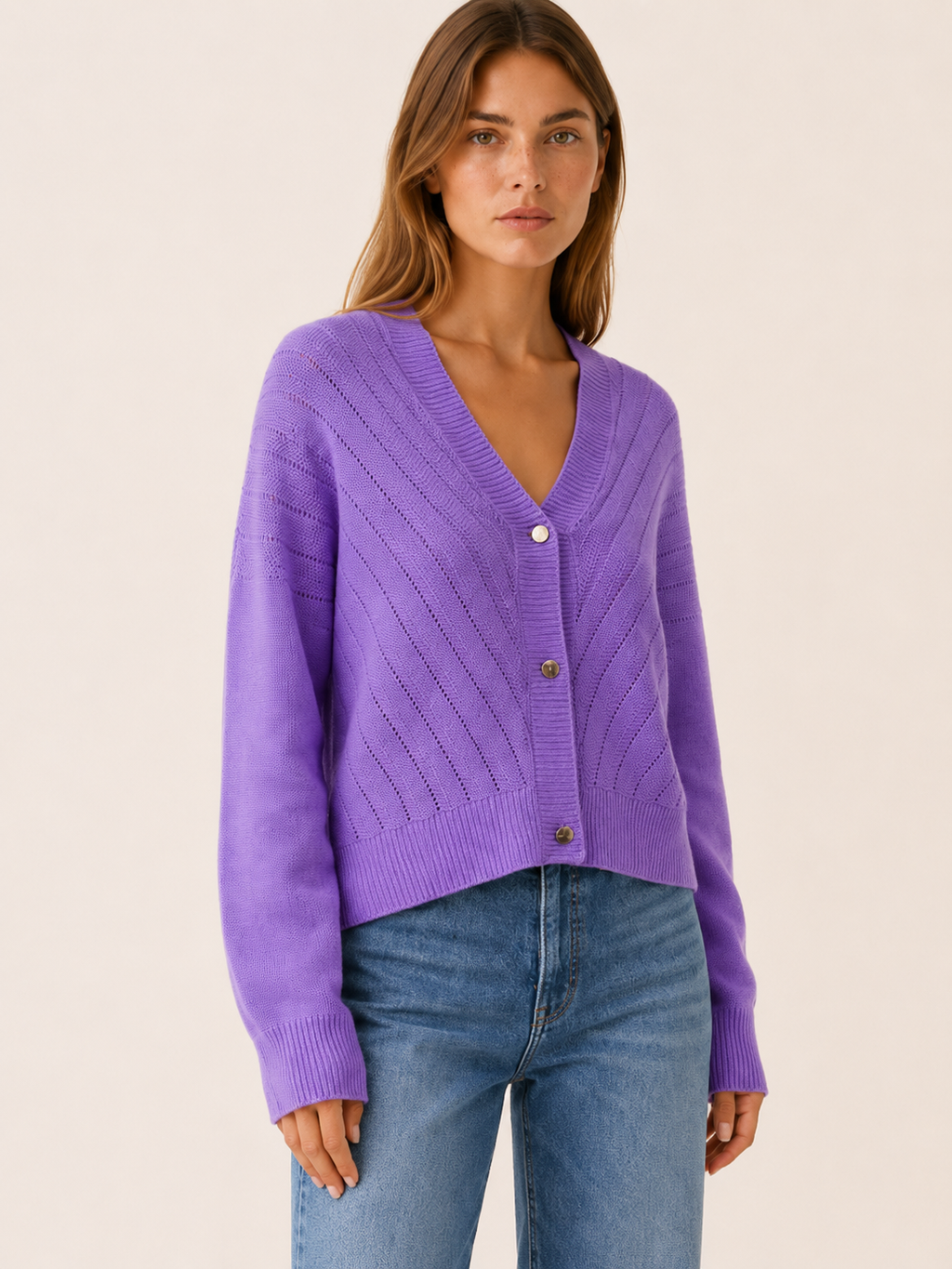 Mirren | V-Neck Cardigan with Button Front and Ribbed Detail