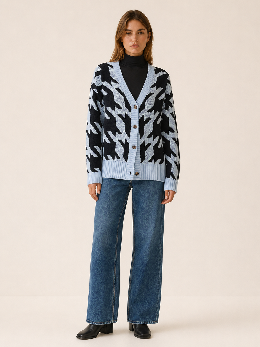 Odette | Cardigan with Houndstooth Pattern and Button Front