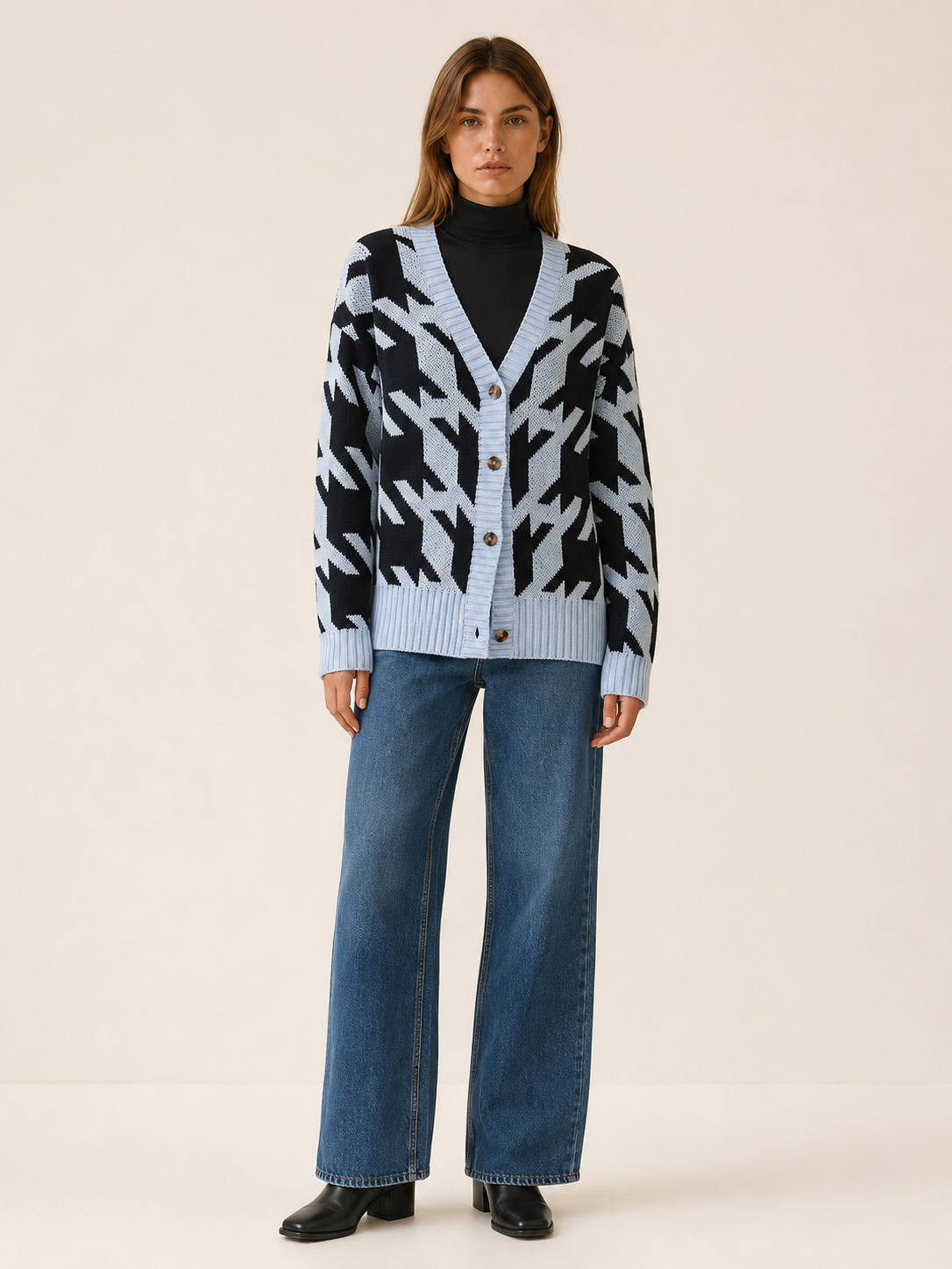 Odette | Cardigan with Houndstooth Pattern and Button Front