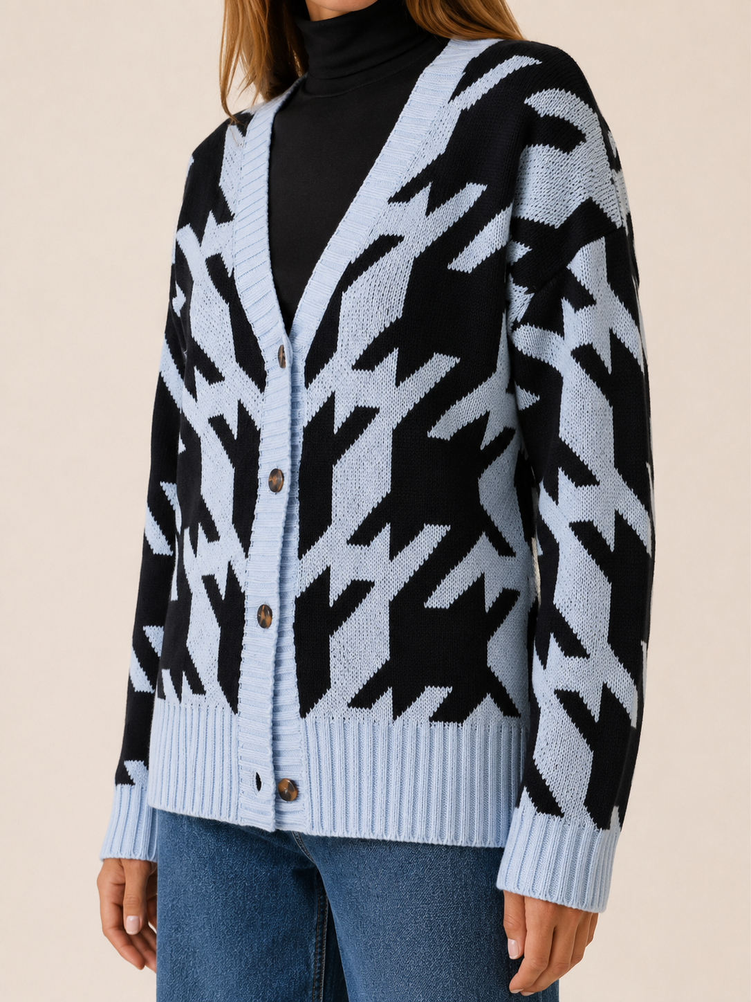 Odette | Cardigan with Houndstooth Pattern and Button Front