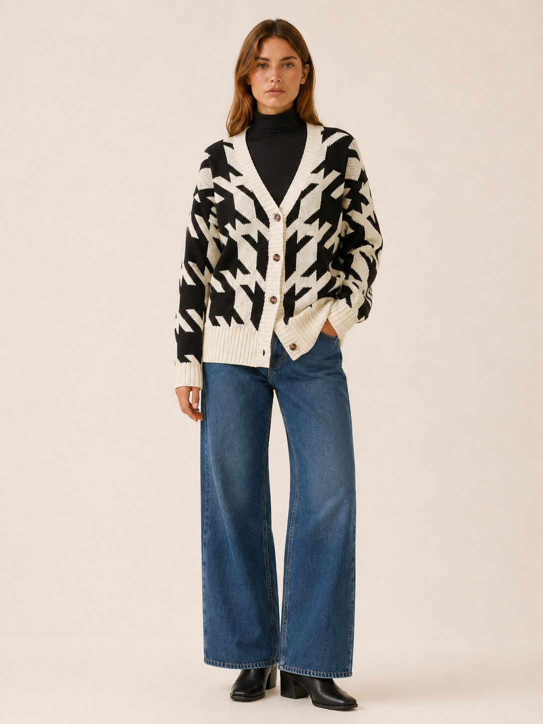 Odette | Cardigan with Houndstooth Pattern and Button Front