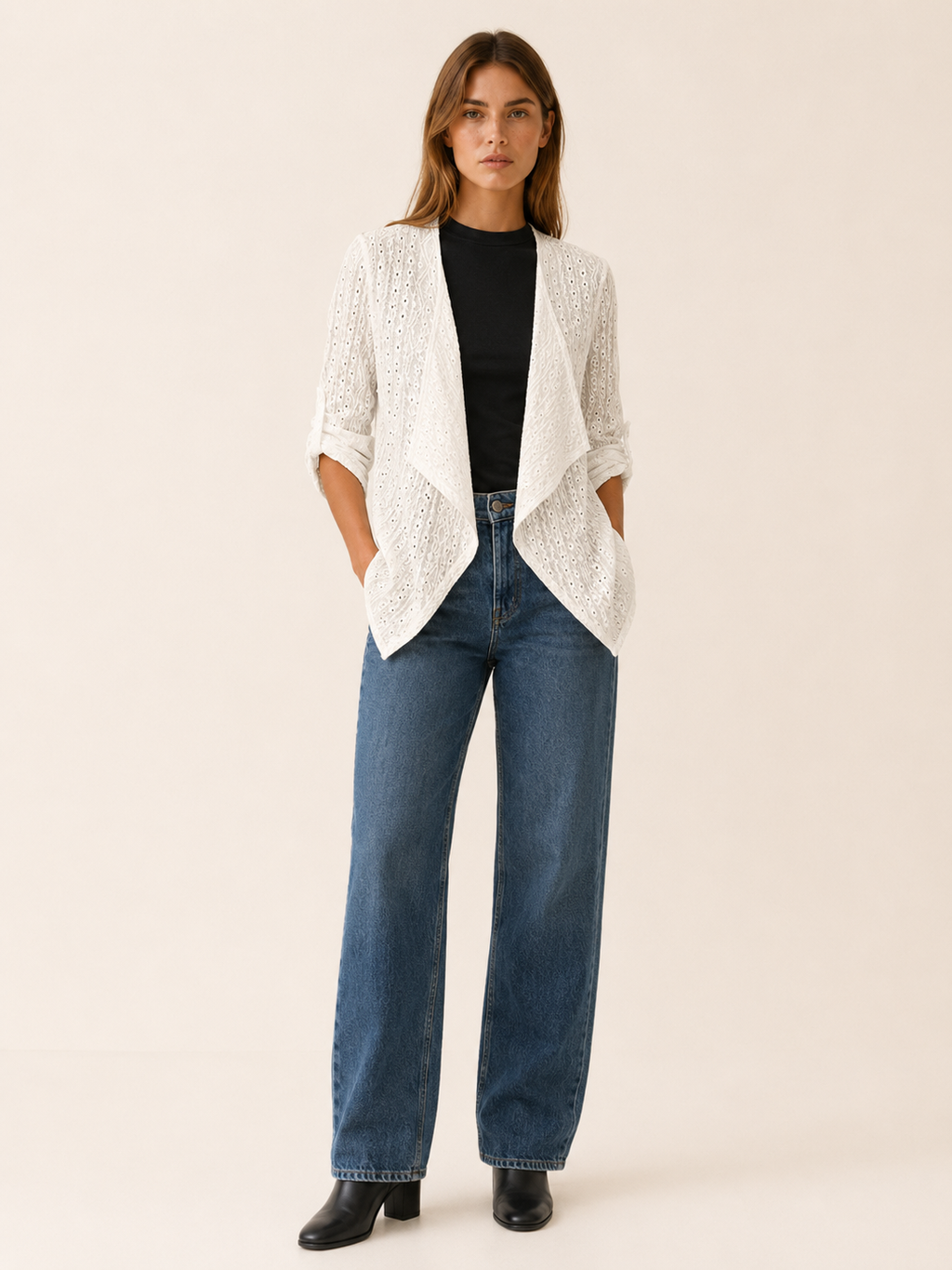 Sabine | Open Front Cardigan with Eyelet Detail and Roll-Tab Sleeves