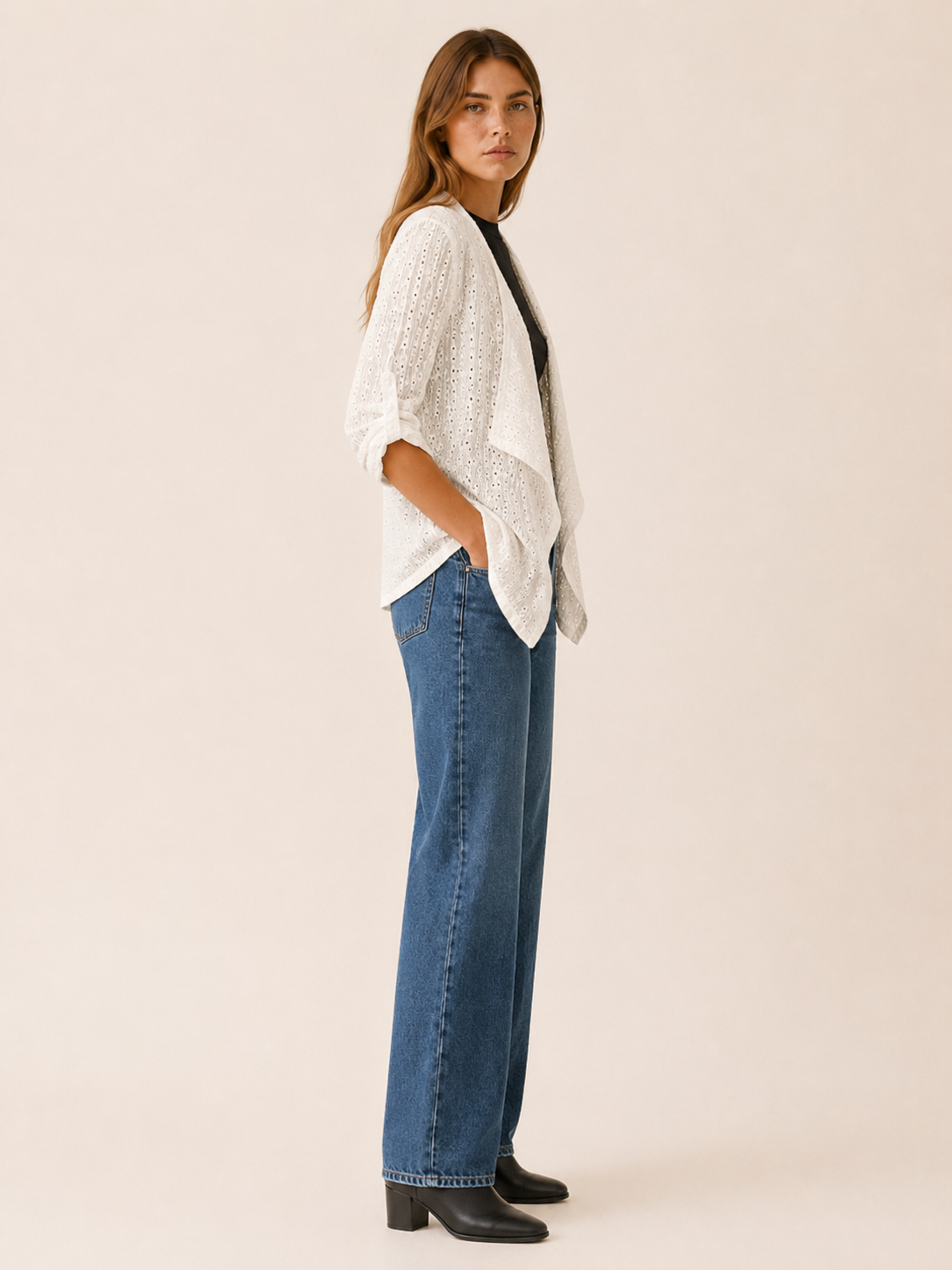 Sabine | Open Front Cardigan with Eyelet Detail and Roll-Tab Sleeves
