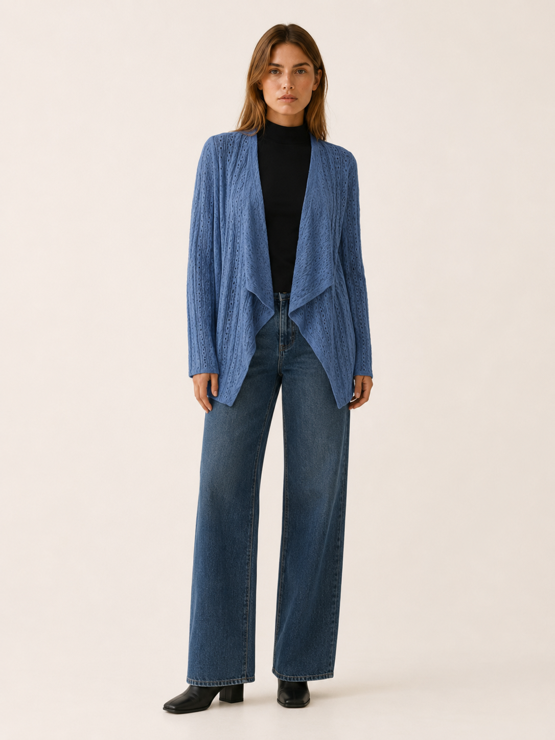 Sabine | Open Front Cardigan with Eyelet Detail and Roll-Tab Sleeves